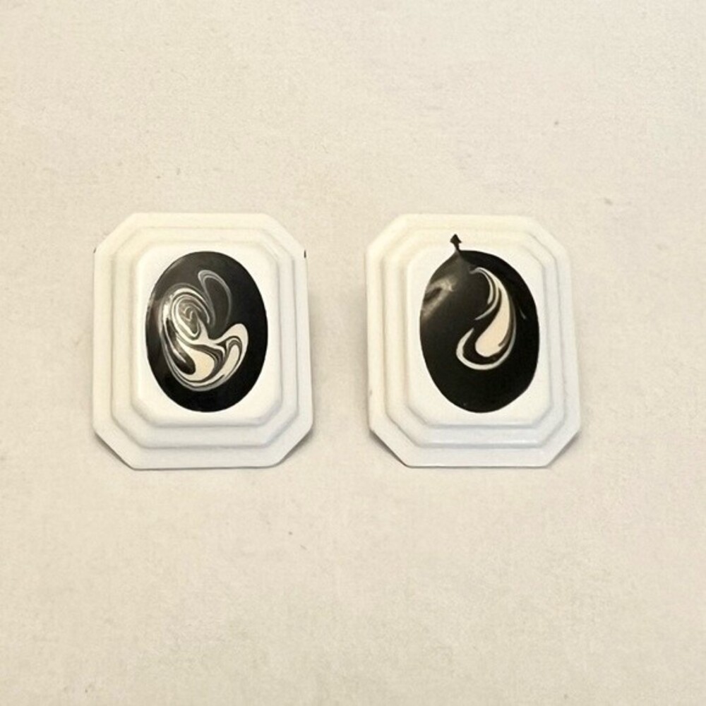 Vintage Button Earrings Artsy Abstract Black and White Metal Studs